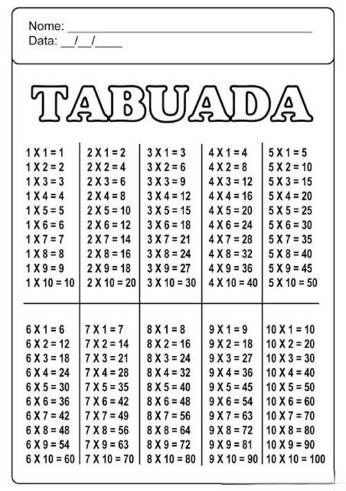 Desenho de Tabuada para imprimir