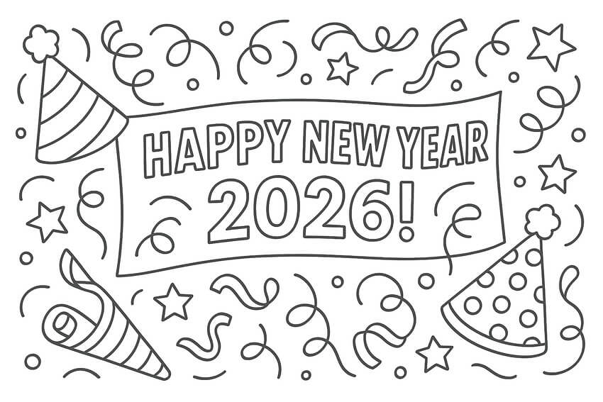 Desenho de Feliz Ano Novo 2026 para imprimir