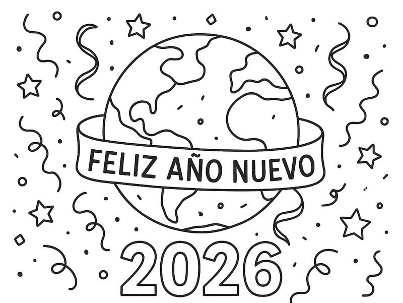 Imprimir Feliz Ano Novo 2026 para Colorir