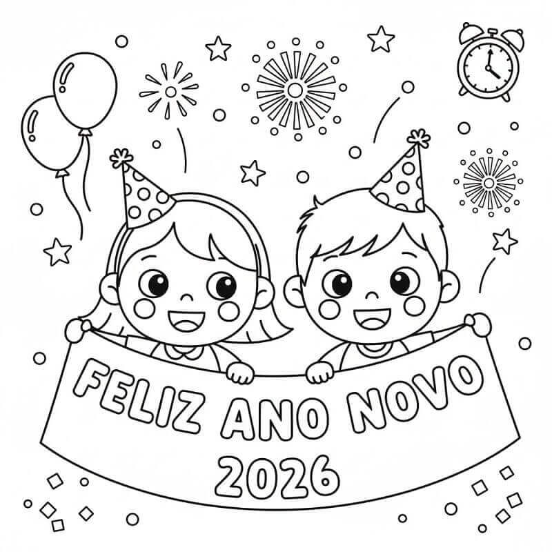 Feliz Ano Novo 2026 para Colorir e Imprimir